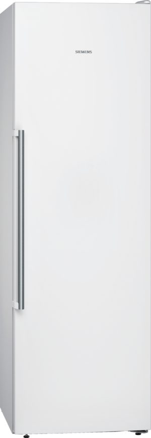 Tall white Siemens refrigerator with a vertical left-side handle and swivel feet at the base.