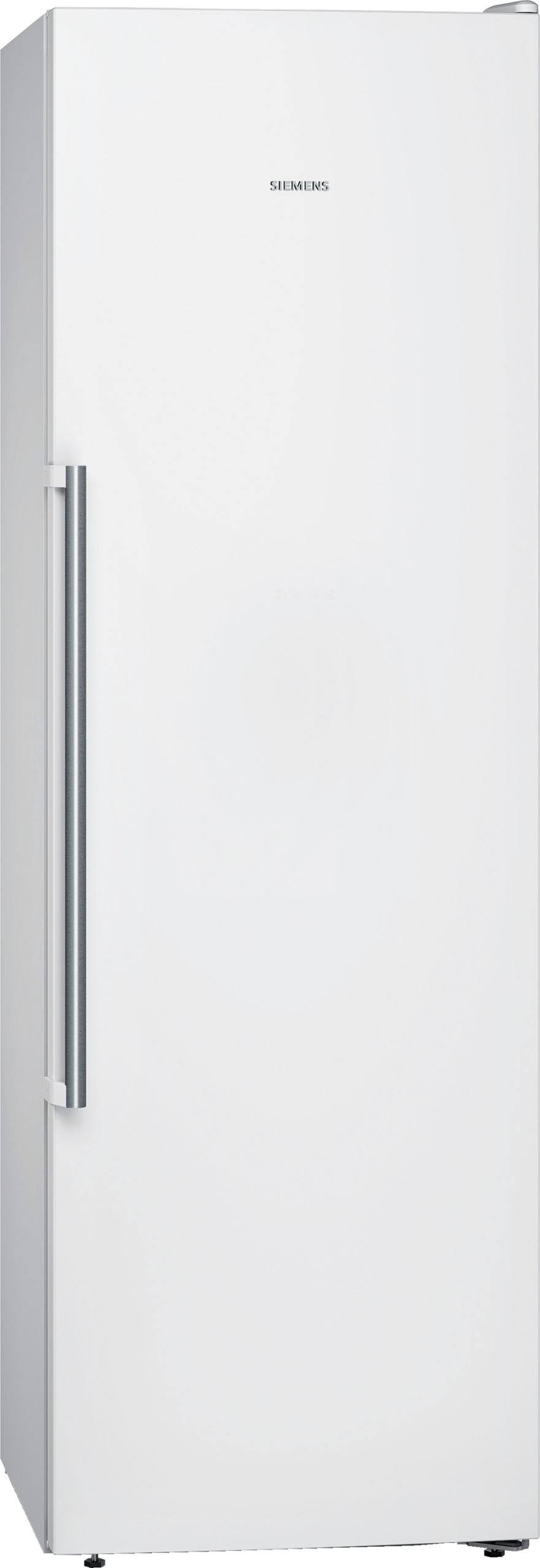 Tall white Siemens refrigerator with a vertical left-side handle and swivel feet at the base.