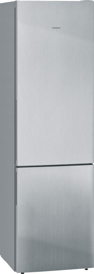 Tall stainless steel Siemens refrigerator with a top refrigerator compartment and a bottom freezer drawer.