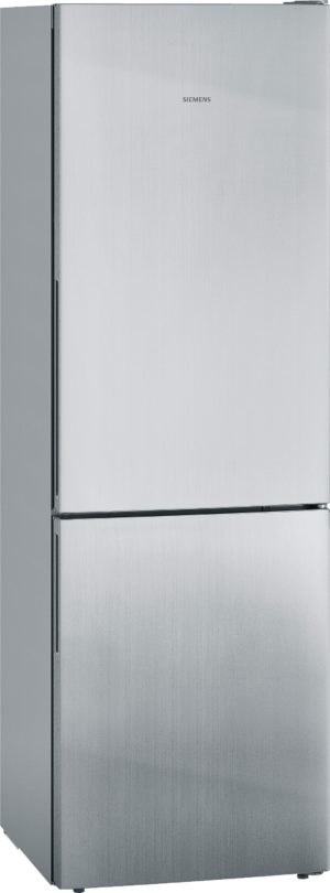 Stainless steel Siemens refrigerator with a top fridge and bottom freezer drawer; tall, sleek appliance.