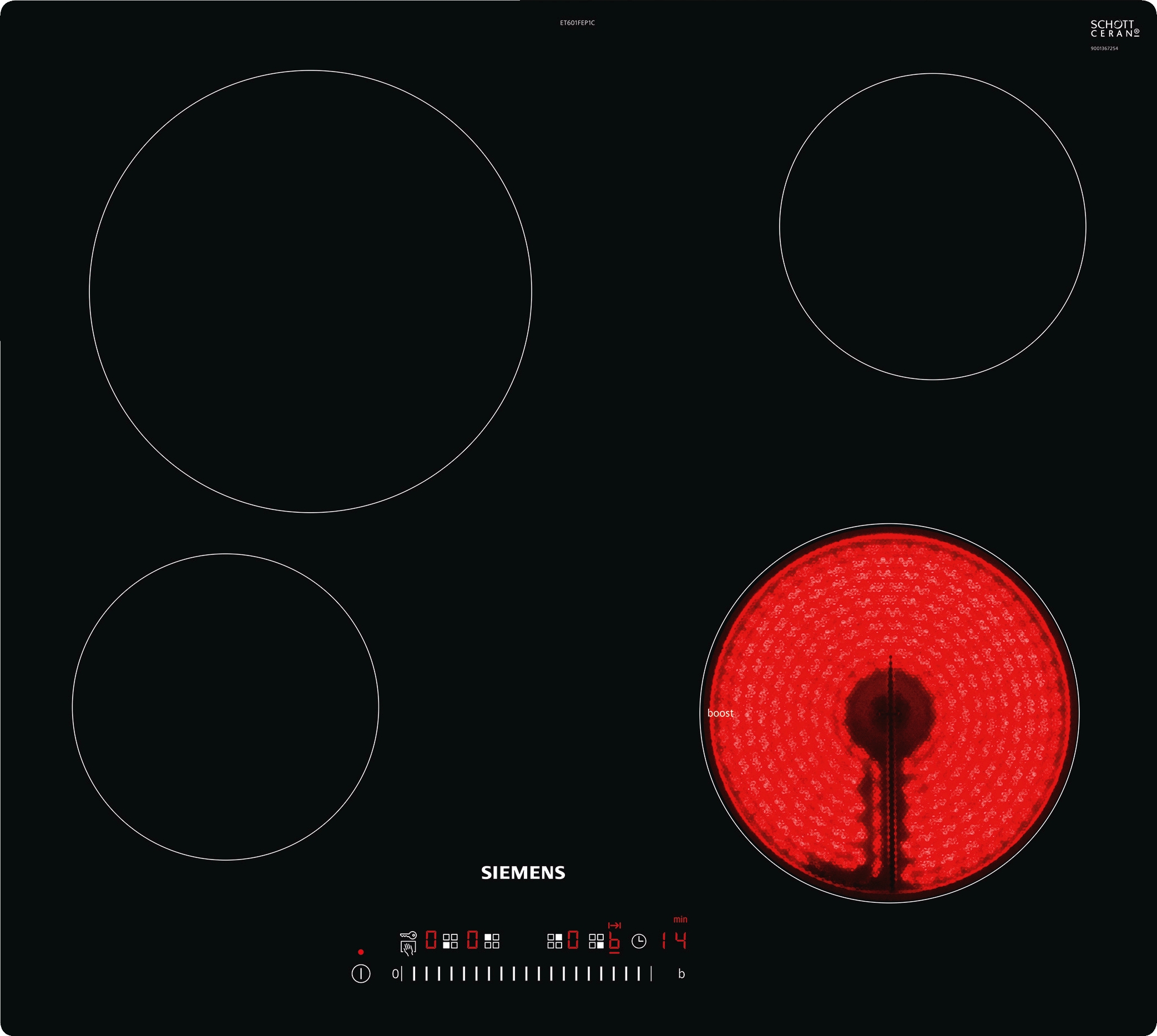 Black poster featuring large white circle outlines on a dark background with a partial red circle in the bottom-right and the Siemens logo at the bottom.