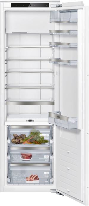 Open Siemens refrigerator with multiple adjustable shelves and transparent door drawers; bottom freezer contains labeled hyperFresh meat and produce drawers and visible 0°C indicators.