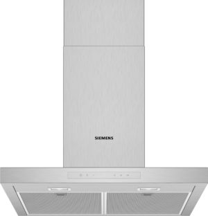 Brushed stainless steel kitchen range hood with Siemens logo on the front panel