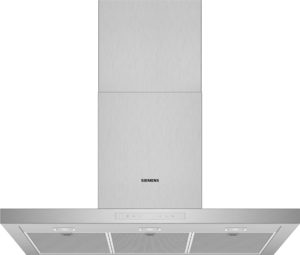 Tall brushed-metal Siemens kitchen hood or cabinet with a control panel visible at the bottom edge.