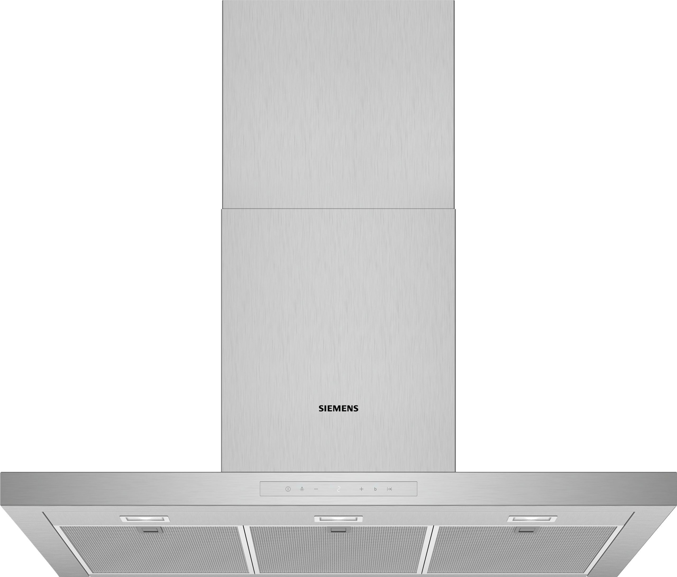 Tall brushed-metal Siemens kitchen hood or cabinet with a control panel visible at the bottom edge.