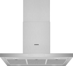 Brushed stainless steel vertical kitchen range hood with Siemens logo and a wide vented bottom section