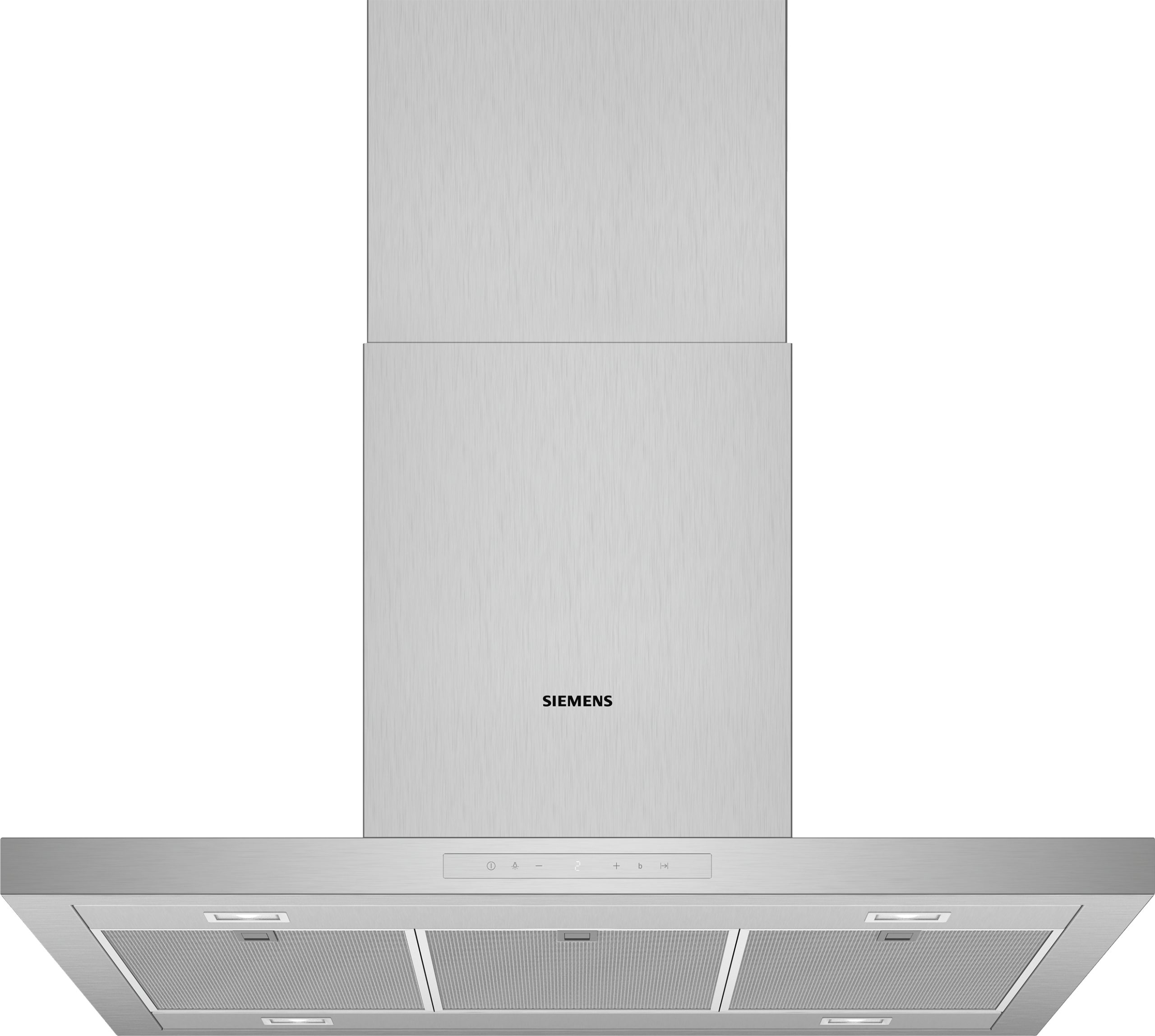 Brushed stainless steel vertical kitchen range hood with Siemens logo and a wide vented bottom section