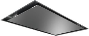 Angled view of a stainless steel Siemens kitchen range hood mounted on the wall.