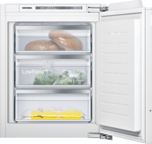 Open freezer drawer showing bread rolls in plastic wrap and a bagged greens in a transparent storage bin; Siemens LowFrost appliance visible above.