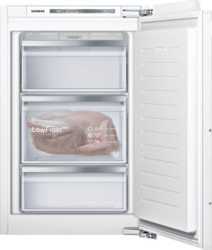 Siemens refrigerator with the door open, revealing a frozen turkey in the lower compartment and a LowFrost label inside the door area.