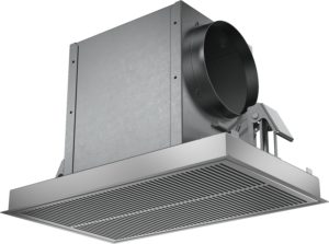 Industrial kitchen exhaust hood with large round duct and perforated front grill, stainless steel finish