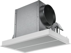Industrial HVAC air handling unit with a large circular duct connection on a metal cabinet.