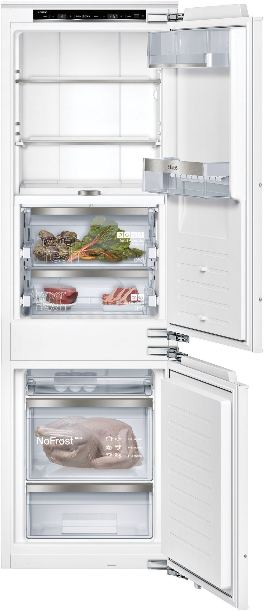 White Siemens refrigerator with bottom freezer, doors open to reveal shelves, crisper drawers, and packaged meat in the lower compartment.