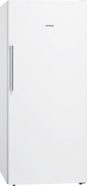 White Siemens tall refrigerator with a vertical silver handle on the left side.