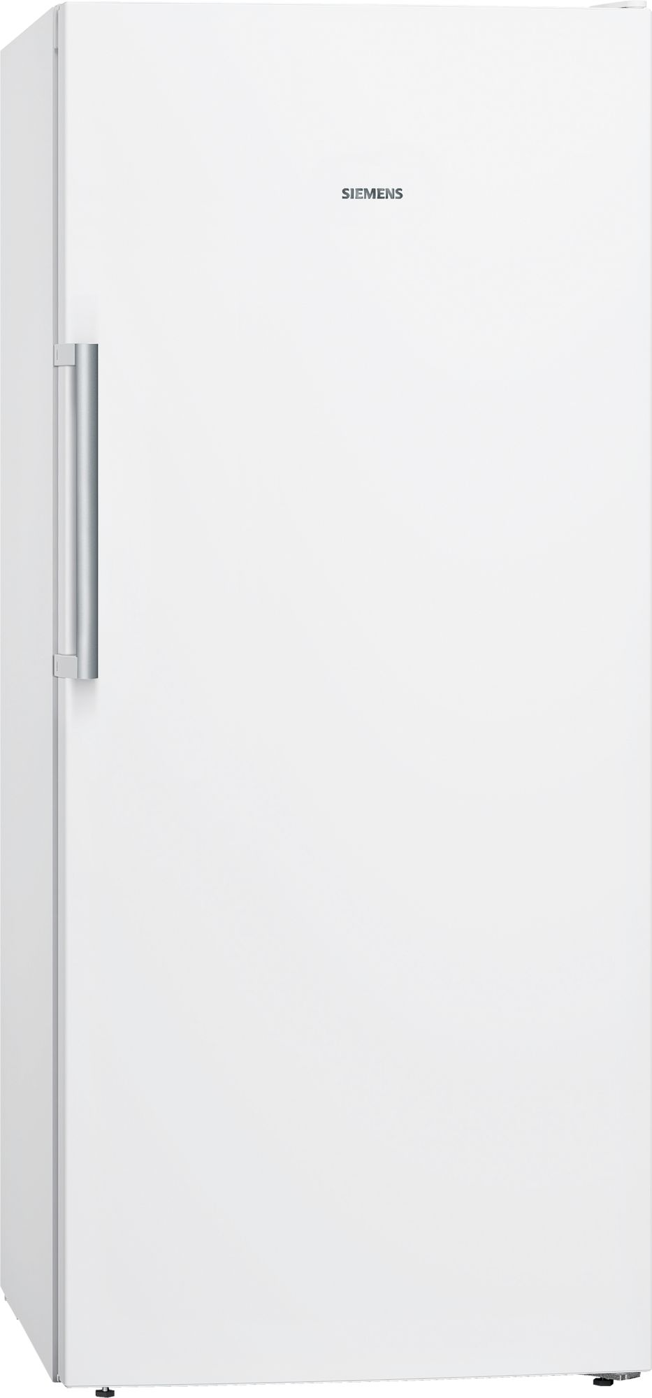 White Siemens tall refrigerator with a vertical silver handle on the left side.