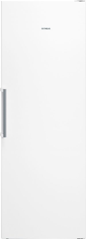 Tall white Siemens refrigerator with a vertical silver handle on the left side, minimalist kitchen appliance.