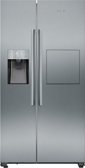 Stainless steel Siemens side-by-side refrigerator with water dispenser on the left and a freezer door on the right