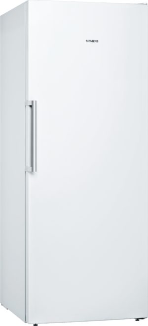 Siemens white refrigerator with a vertical stainless handle, standing upright.