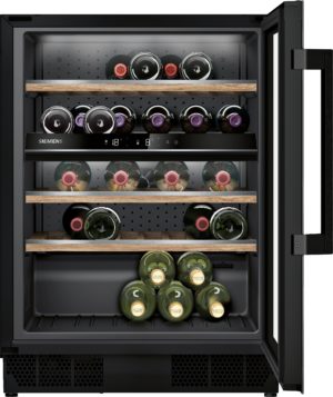 Open wine cooler interior showing multiple wine bottles on wooden racks, with a Siemens control panel visible in the middle.