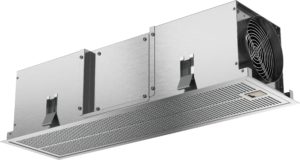 Industrial HVAC air handler with a large circular rear fan and metal access panels.