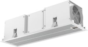 Industrial HVAC air handling unit with a circular fan housing and metal panels