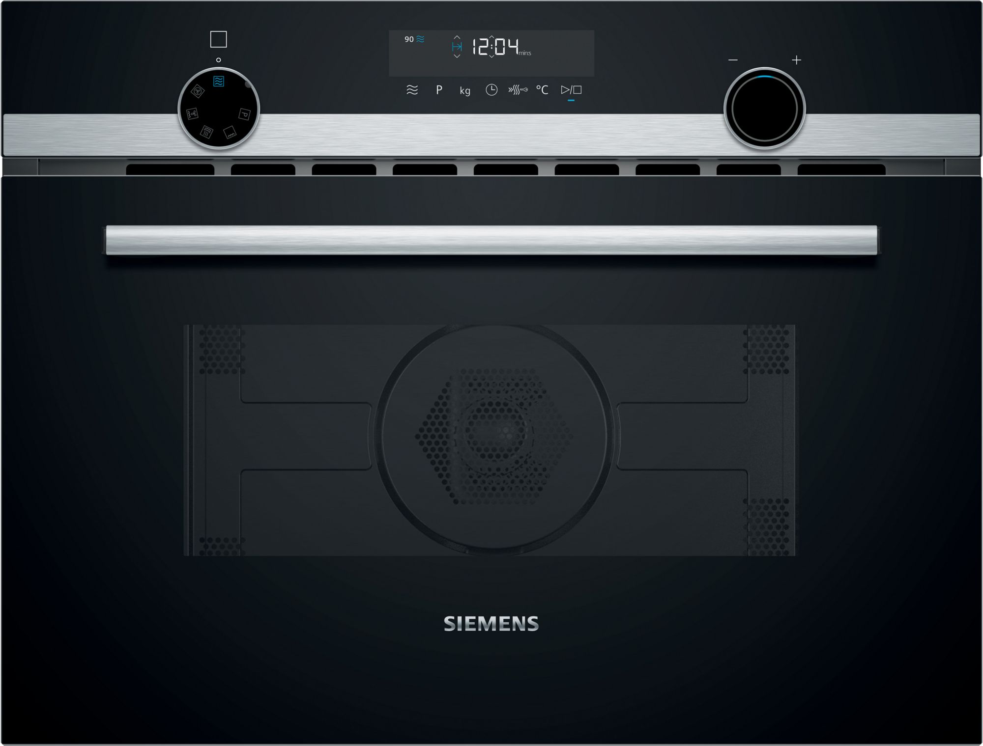 Top control panel of a Siemens oven with two large dials and a brushed metal strip, set against a dark background.
