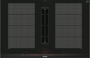 Black Siemens induction cooktop with two large left and right cooking areas and a central vertical grill module; red control indicators along the bottom edge.