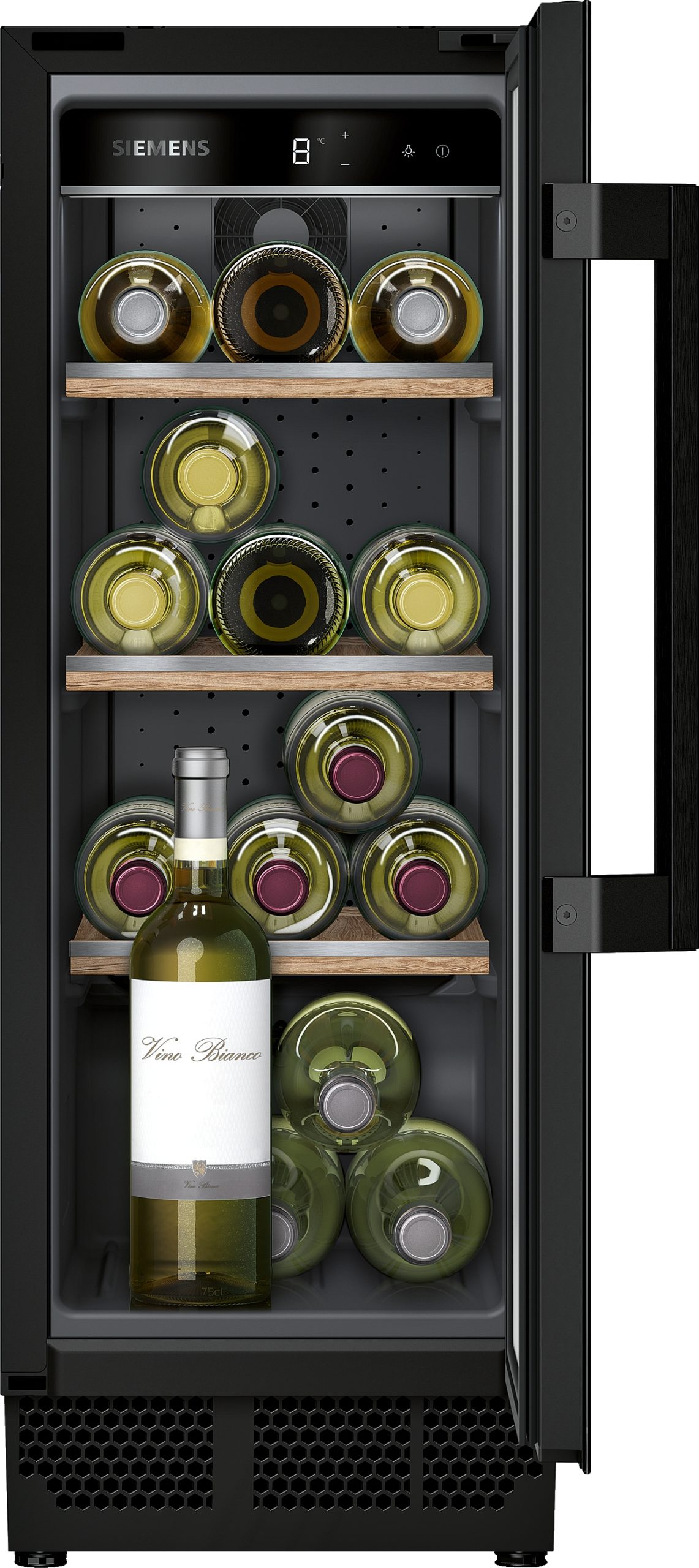 Inside a Siemens wine cooler with multiple wooden shelves, rows of horizontally stored bottles and a tall bottle foregrounded at the bottom.