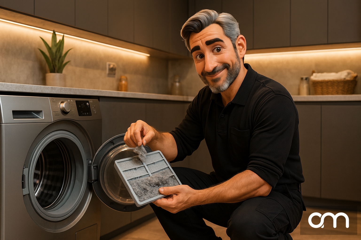 Nettoyage du filtre à peluches d'un sèche-linge par le technicien Massimo d'Arts Ménagers