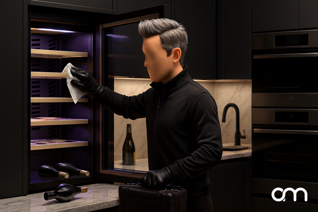 Nettoyage de l'intérieur d'une cave à vin avec un chiffon doux