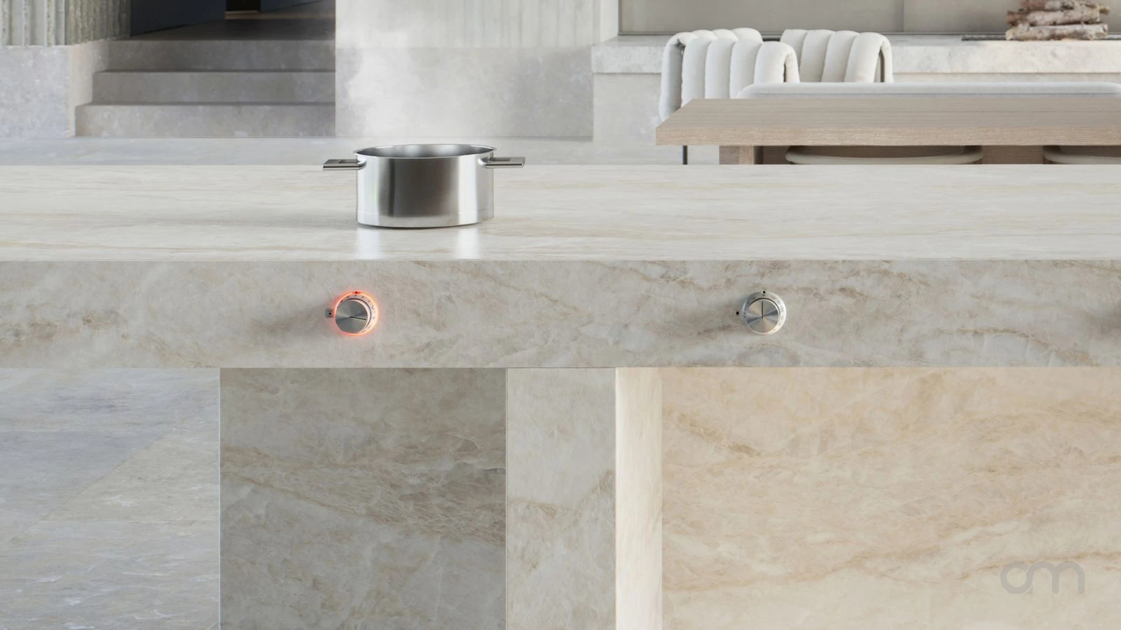 Bouton de commande de précision Gaggenau et point lumineux LED sur la surface en pierre Dekton