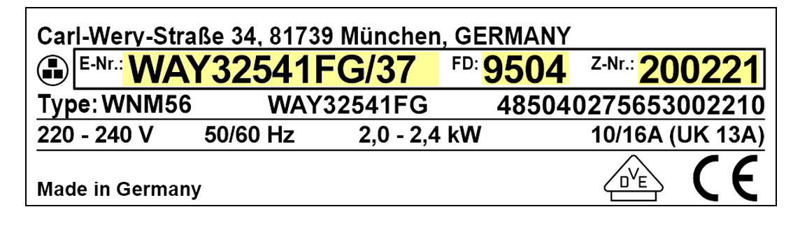Exemple de plaque signal&eacute;tique Bosch/Siemens : E-Nr, FD et Z-Nr surlign&eacute;s