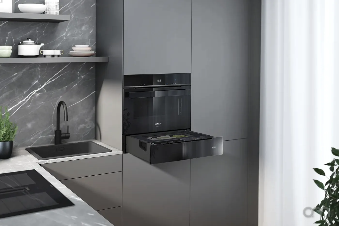 Tiroir vapeur Siemens iQ700 intégré dans une cuisine, façade verre noir en colonne encastrée