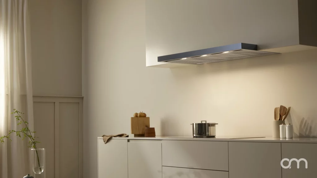 Hotte encastrable V-ZUG AiroClear intégrée sous un meuble haut dans une cuisine claire et contemporaine