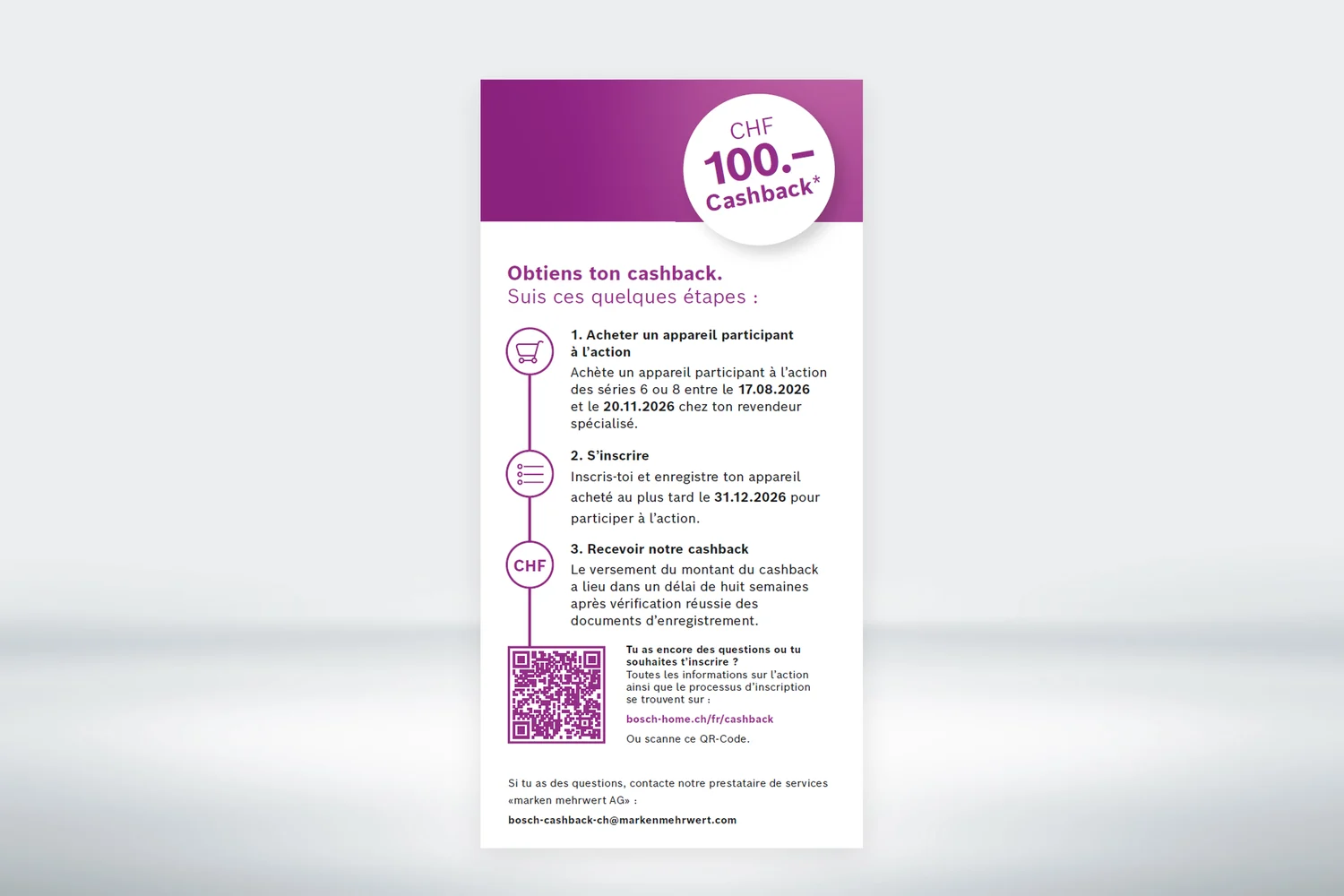 Les trois étapes du cashback Bosch : achat, inscription myBosch, remboursement de CHF 100.-