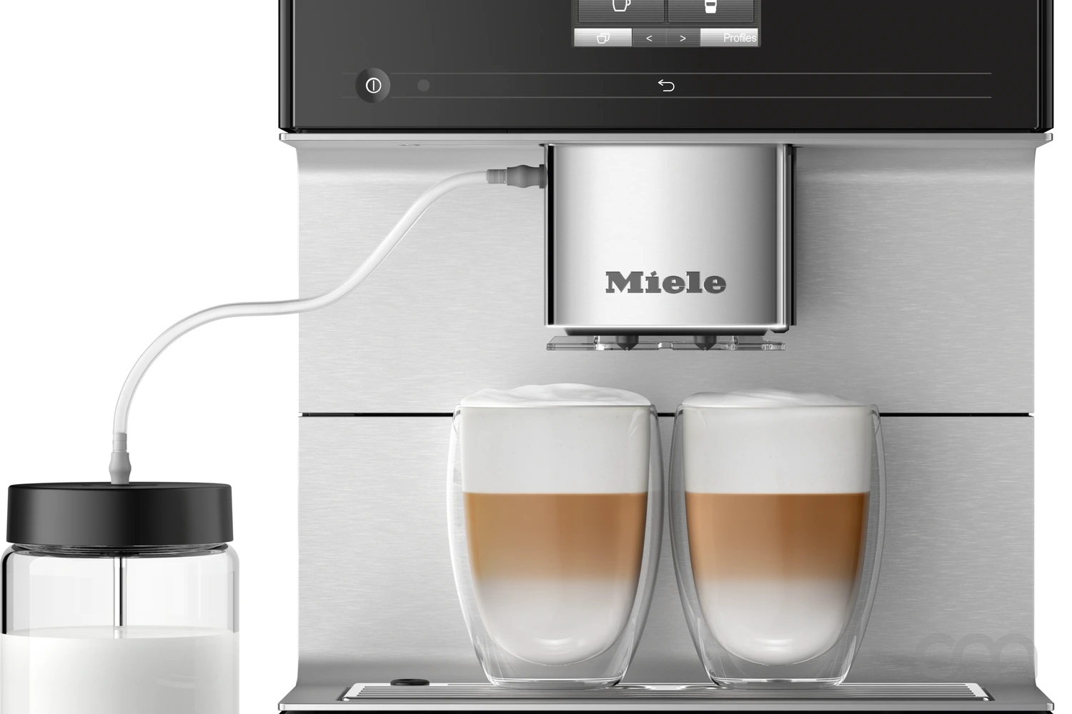 Machine à café automatique Miele avec pot à lait raccordé et deux lattes macchiato, détartrage régulier en eau mi-dure