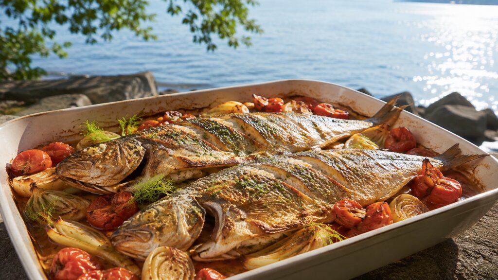 Palée du lac de Neuchâtel rôtie entière sur un lit de tomates et de fenouil, dans son plat à four