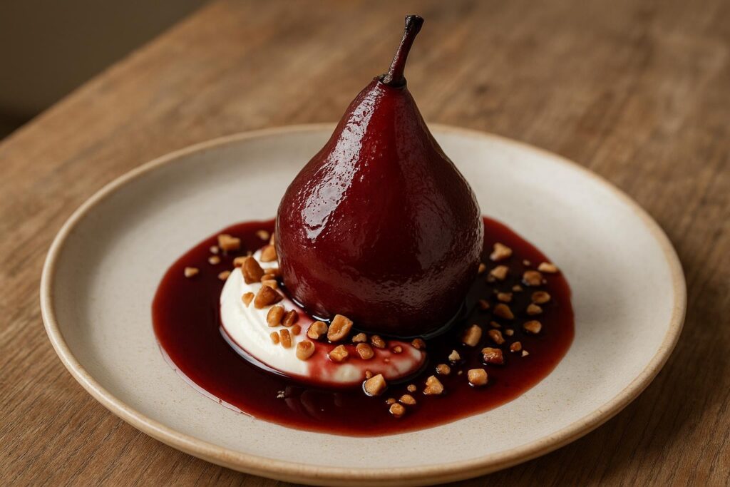 Poire au Pinot noir dressée à l'assiette sur une quenelle de crème au séré, nappée de sirop réduit et parsemée de noisettes