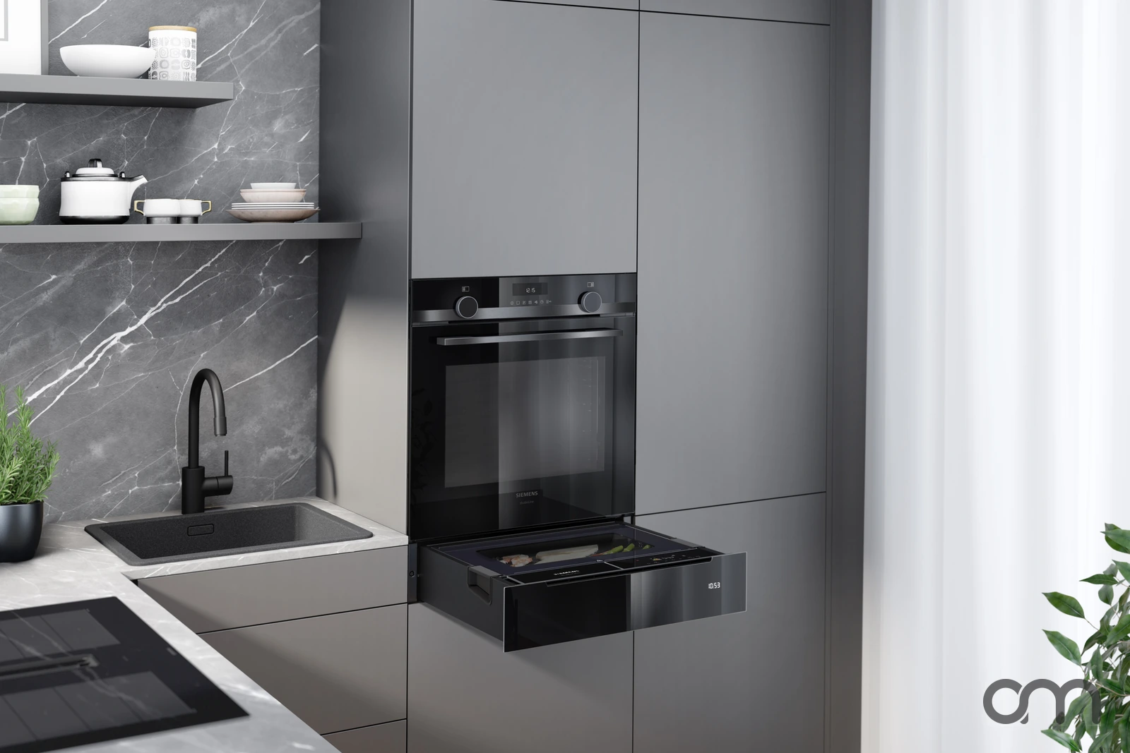 Tiroir vapeur Siemens intégré sous un four encastrable dans une colonne de cuisine grise — conseil et installation Arts & Ménagers, Neuchâtel et Val-de-Travers