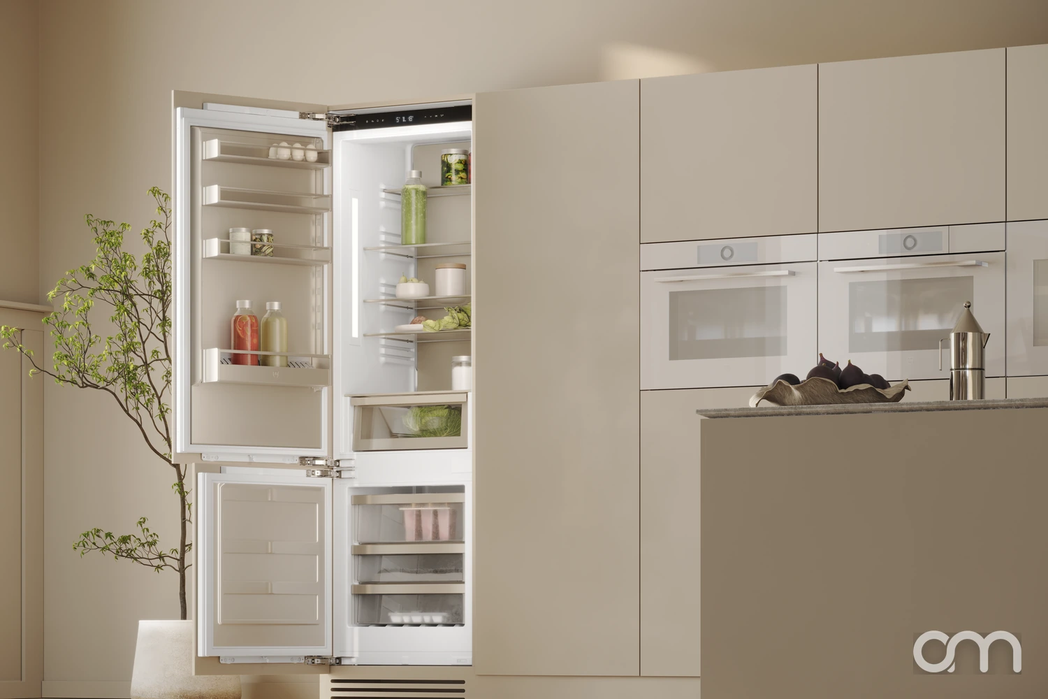 Combiné réfrigérateur-congélateur V-ZUG encastré dans une cuisine, portes ouvertes, logement du canton de Neuchâtel