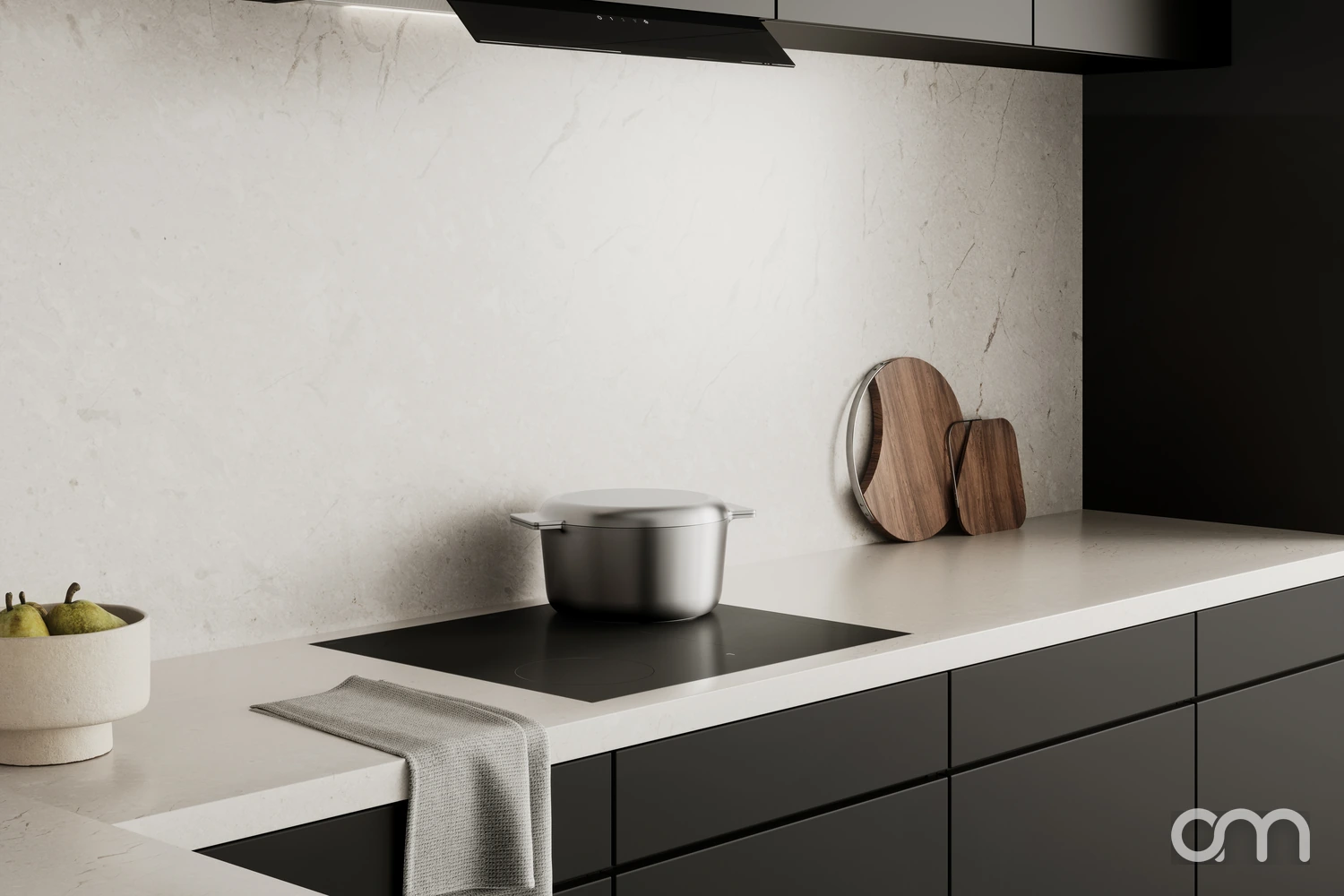 Plan de cuisson à induction V-ZUG avec une casserole couverte, cuisine équipée dans le canton de Neuchâtel