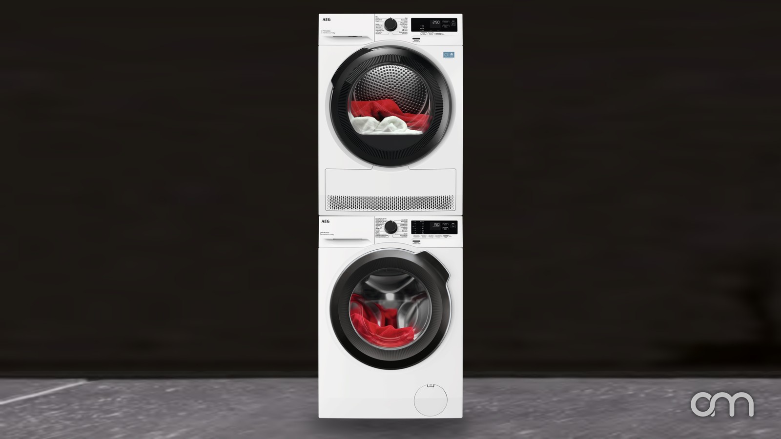 Colonne de lavage AEG PRINCESS : sèche-linge THE8310 superposé sur le lave-linge AWF9410