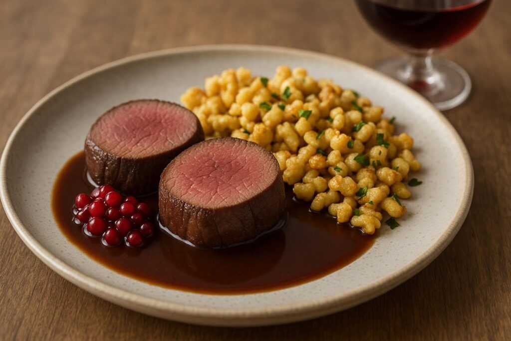 Assiette de chasse dressée de près : deux médaillons de chevreuil tranchés au cœur rosé, sauce brillante au Pinot noir, airelles et spätzli dorés, verre de vin rouge en arrière-plan