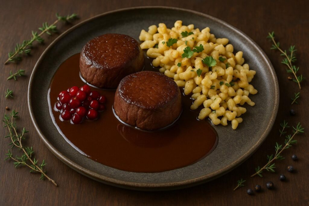 Médaillons de chevreuil saisis, croûte brune et cœur rosé, nappés de sauce au Pinot noir et d'airelles rouges, spätzli dorés au beurre et persil sur une assiette de grès sombre