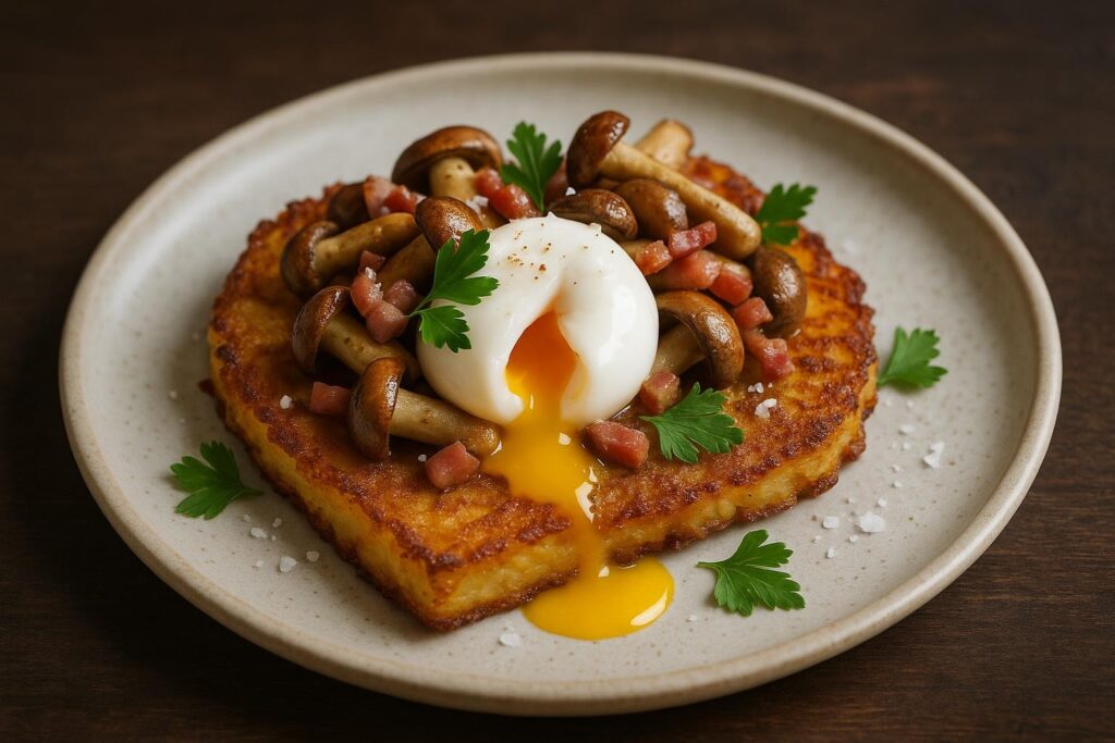 Assiette de grès claire dressée : part de rösti croustillant surmontée de champignons des bois poêlés, de lardons et d'un œuf mollet ouvert dont le jaune coule sur les pommes de terre, persil plat et fleur de sel