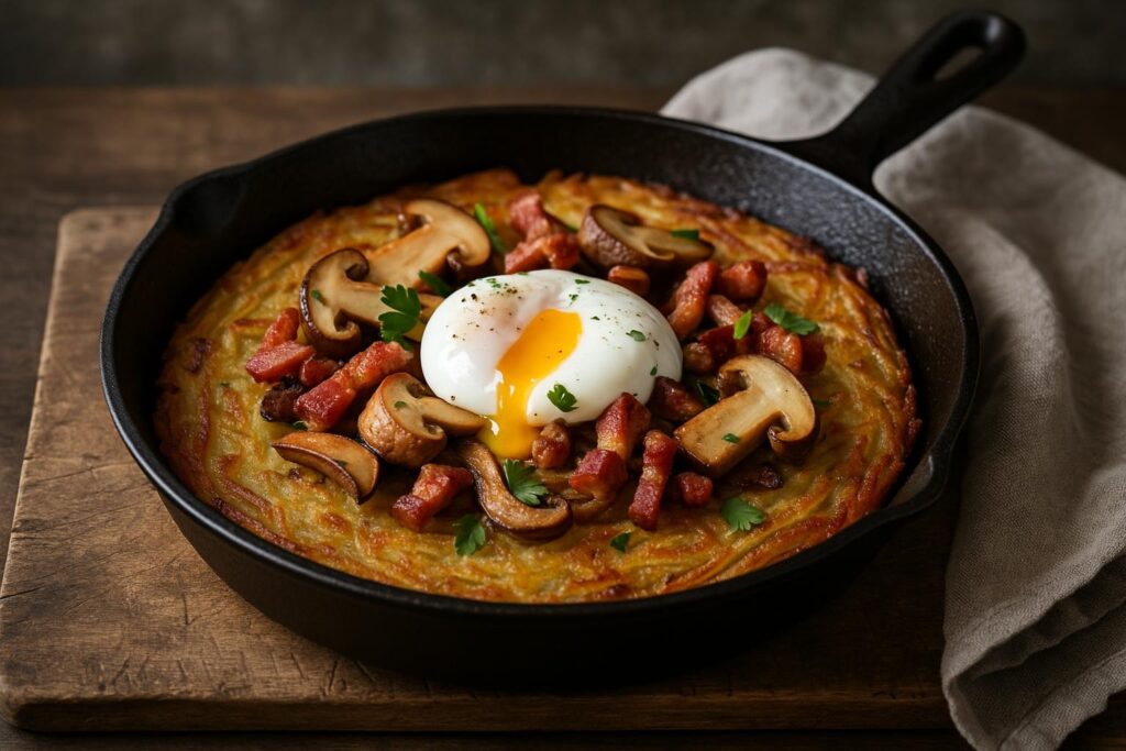 Rösti de pommes de terre doré et croustillant dans une poêle en fonte, garni de bolets poêlés en lamelles, de lardons de lard paysan et d'un œuf mollet au jaune coulant, parsemé de persil plat