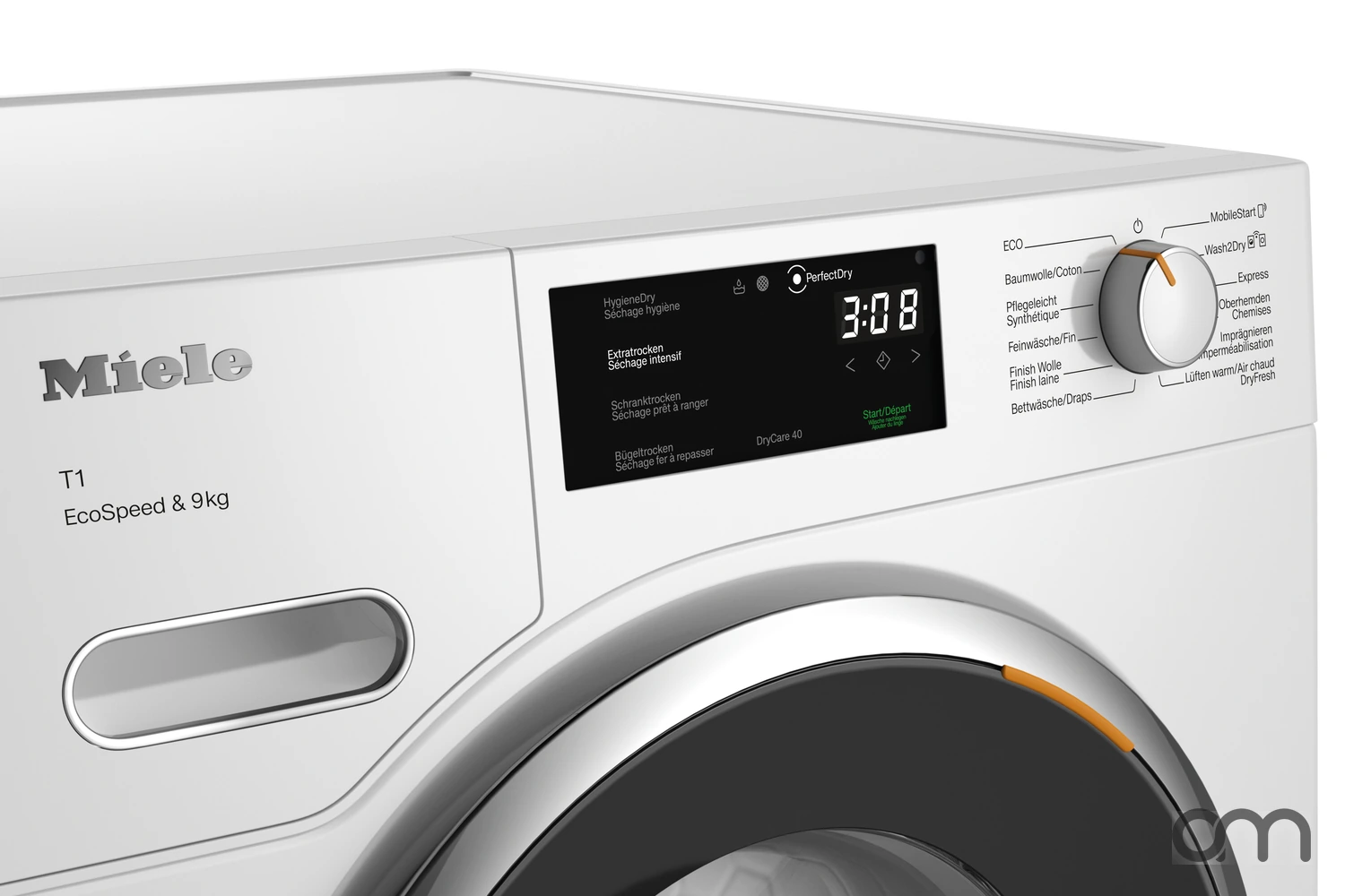 Bandeau de commande d'un sèche-linge à pompe à chaleur Miele T1 et ses programmes de séchage, appareil du marché suisse