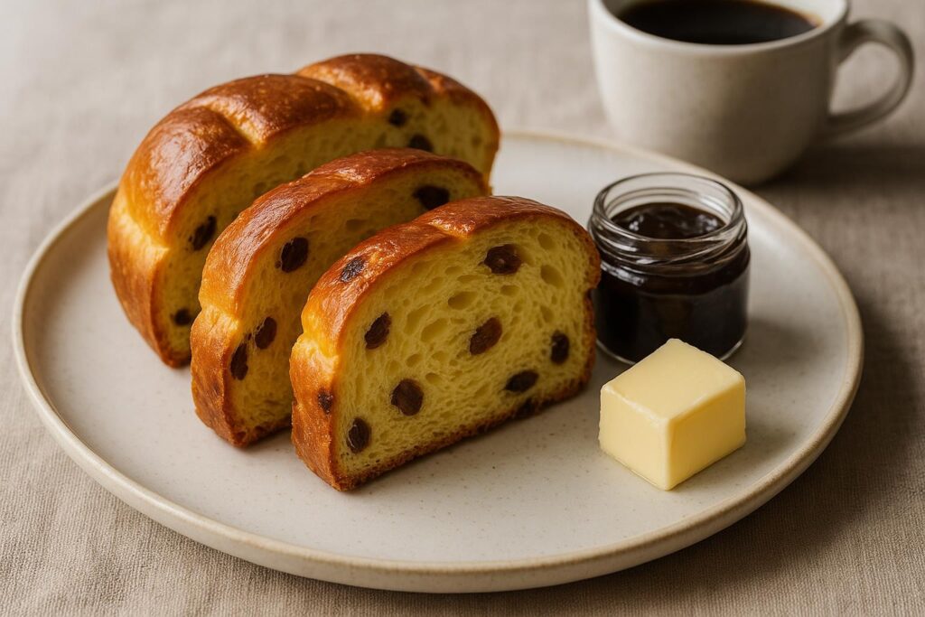 Trois tranches épaisses de taillaule neuchâteloise à la mie jaune et aérée, parsemée de raisins secs, sur une assiette en céramique claire avec une noix de beurre frais, un petit pot de confiture de pruneaux et une tasse de café