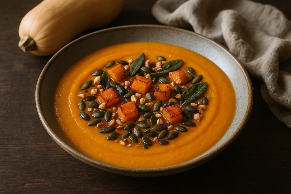 Velouté de courge butternut orange vif dans une assiette creuse, dés de courge rôtis, noisettes concassées, graines de courge et feuilles de sauge frites, filet d'huile de noisette