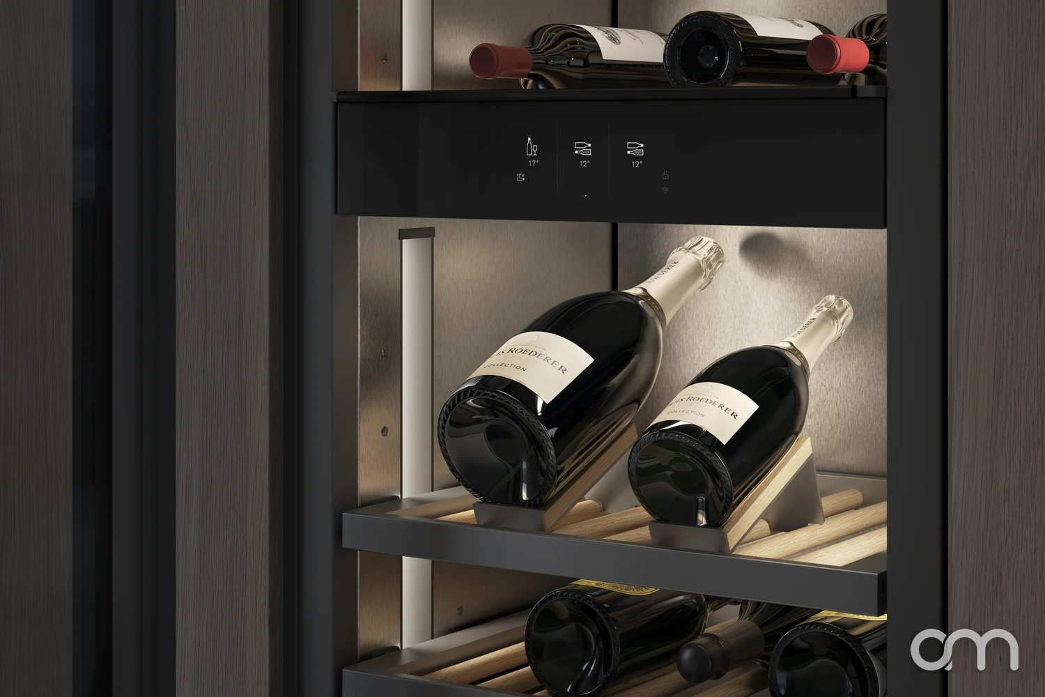 Zone de tempérage d'une cave à vin Gaggenau Vario cooling Expressive avec écran tactile et bouteilles de champagne – capteur infrarouge Sommelier, Arts & Ménagers, La Chaux-de-Fonds et Neuchâtel